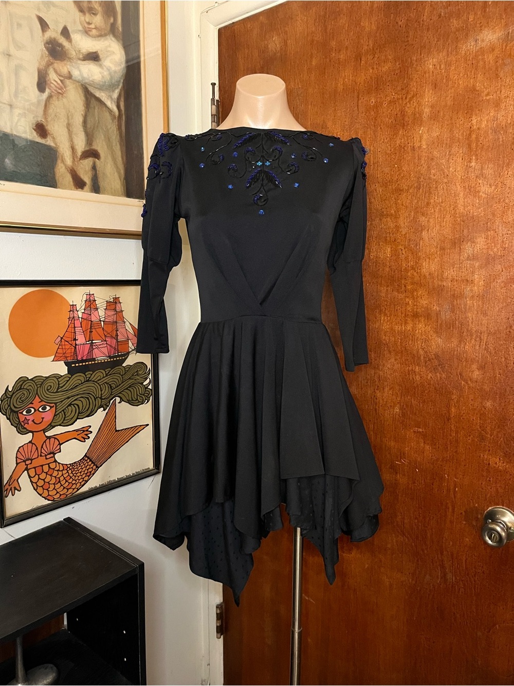 Vintage 80’s Blue And Black Sequin Beaded Cocktail Handkerchief Skater Dress